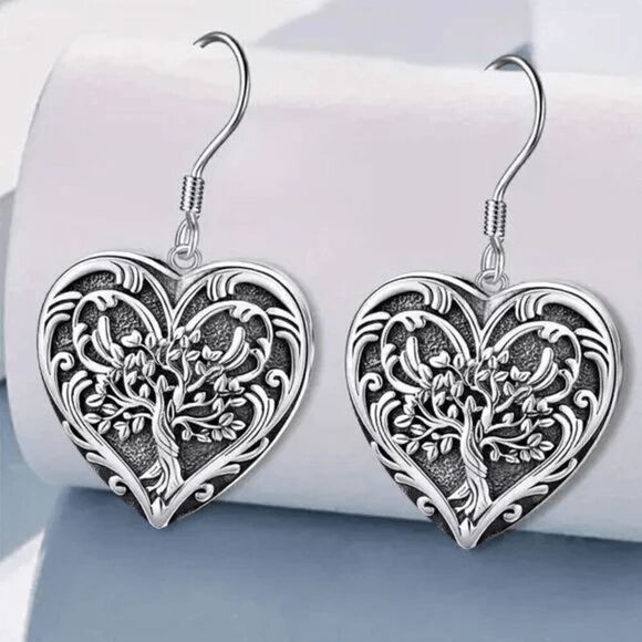Heart Shaped Tree Of Life Dangle Earrings - Picture 1 of 6